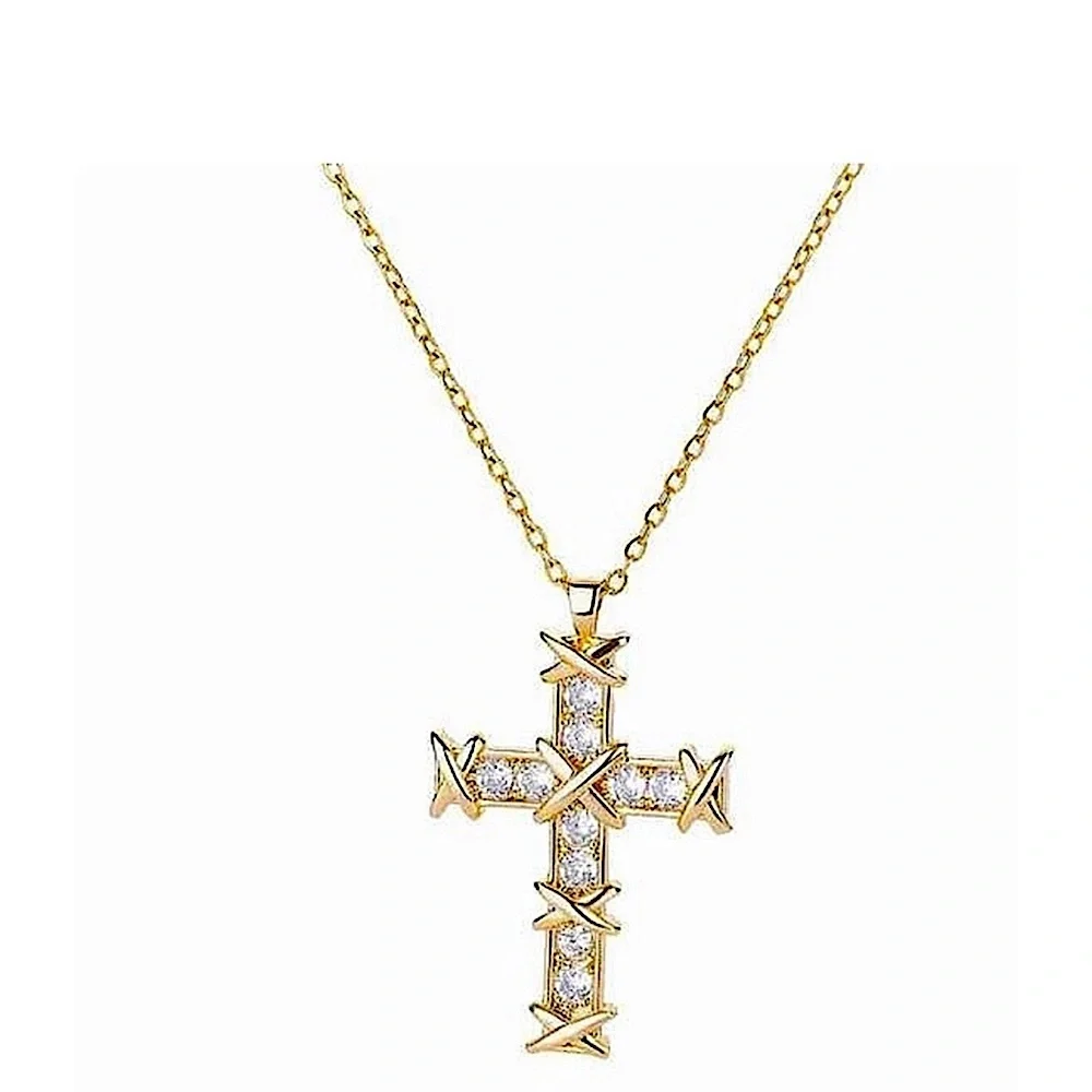 NEW Unisex Men’s 18k Gold Filled Simulated Diamond‎ Cross Necklace, 16-18”